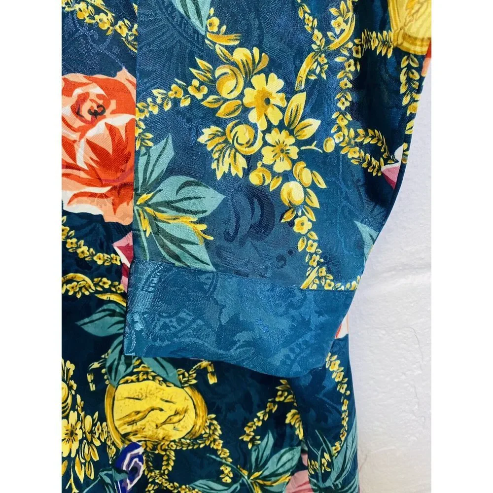 Vtg Victorias Secret Gold Label Button Sleep Shirt Small Roses Green Floral Gold